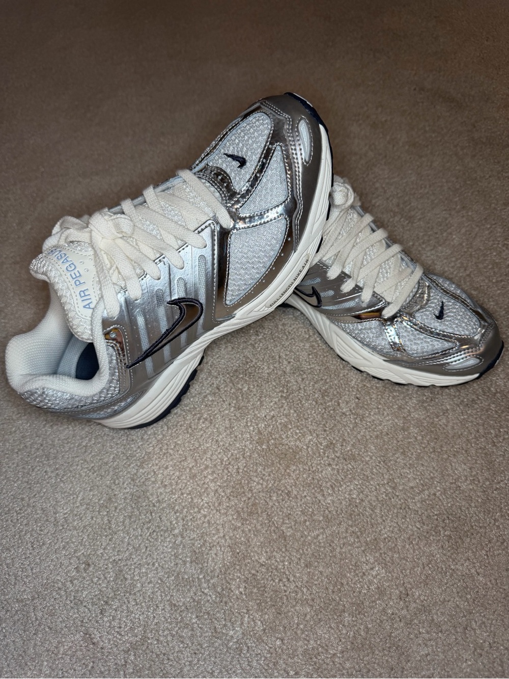 Nike Women’s Silver & White Running Sneakers with Black Swoosh